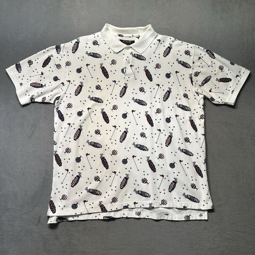 Croft & Barrow Sport Mens XL Regular Fit Polo White Golf Patriotic Print EUC